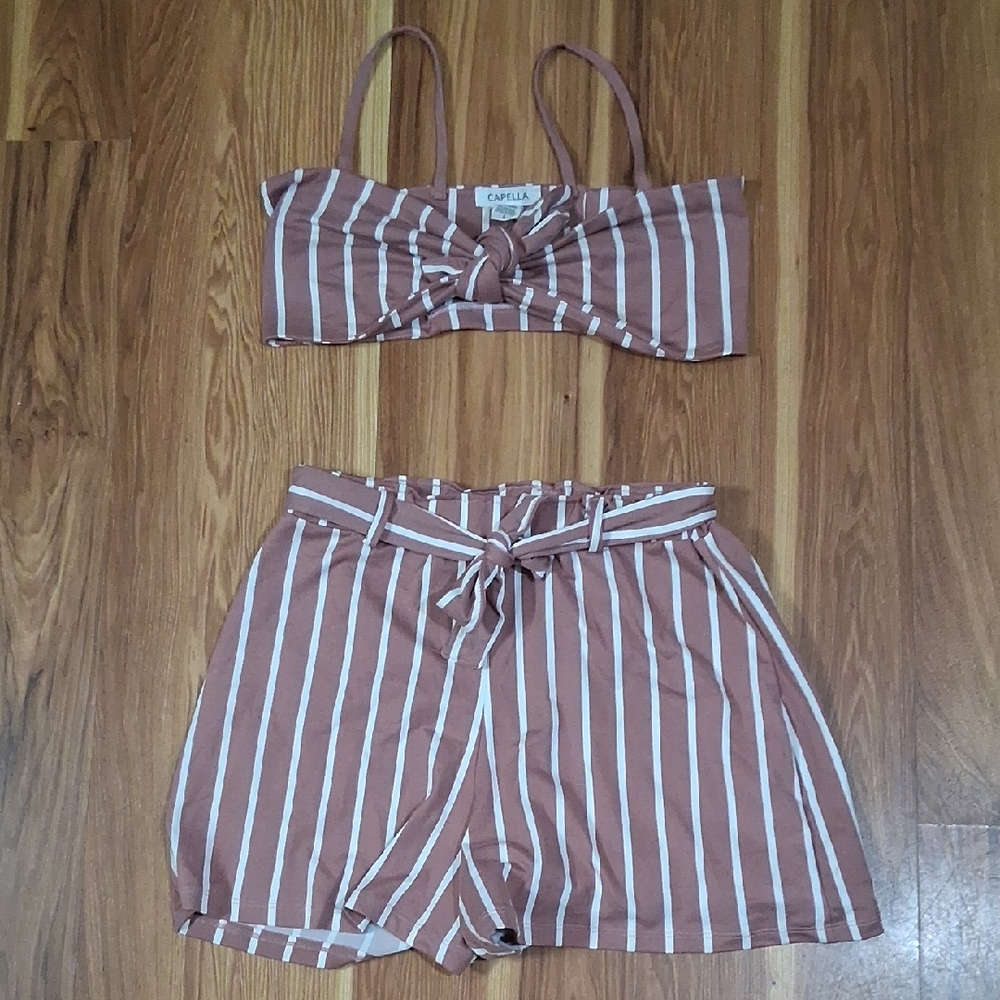 Striped Mauve and White Two-Piece Set
